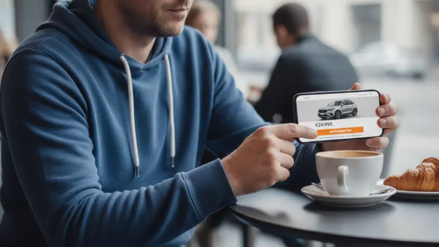 Ein Mann im blauen Kapuzenpullover sitzt an einem Cafétisch und betrachtet ein Smartphone, auf dem ein Auto mit Preisangabe abgebildet ist.
