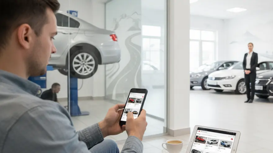 Un hombre sentado en una sala de espera mira su teléfono móvil mientras una tableta muestra imágenes de coches sobre una mesa pequeña.
