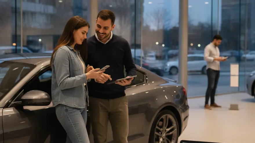 Un hombre y una mujer miran un teléfono móvil junto a un coche gris en un concesionario.