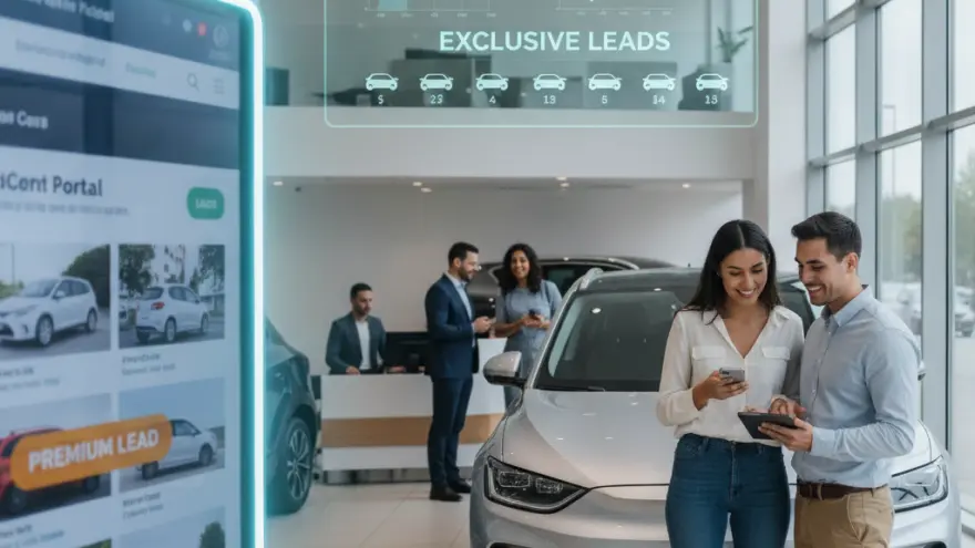 Una pareja sonríe mientras mira un teléfono móvil y una tableta junto a un coche plateado en un concesionario, con gráficos digitales flotando en el fondo.