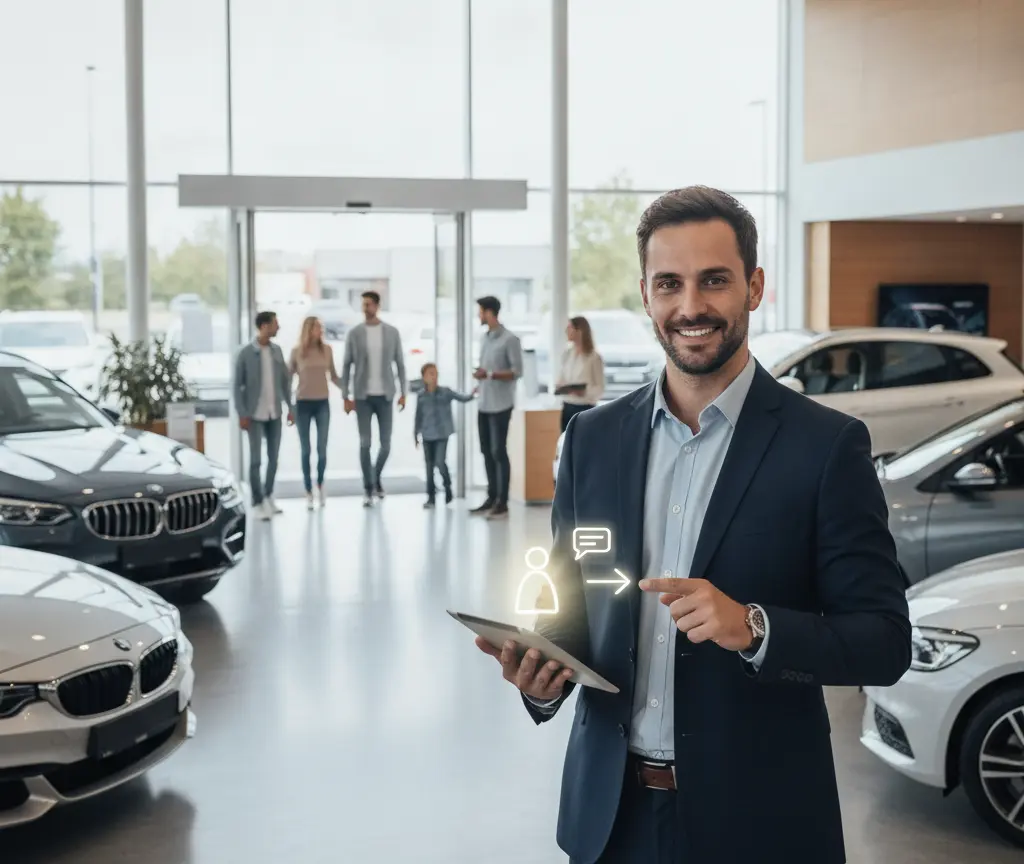 Un hombre sonriente con traje sostiene una tableta digital en un concesionario de automóviles con clientes de fondo.