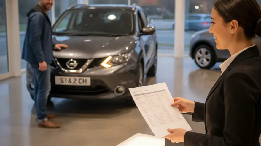 Una vendedora en un concesionario sostiene un documento frente a un mostrador con llaves y una tableta, mientras un cliente sonríe junto a un coche gris al fondo.