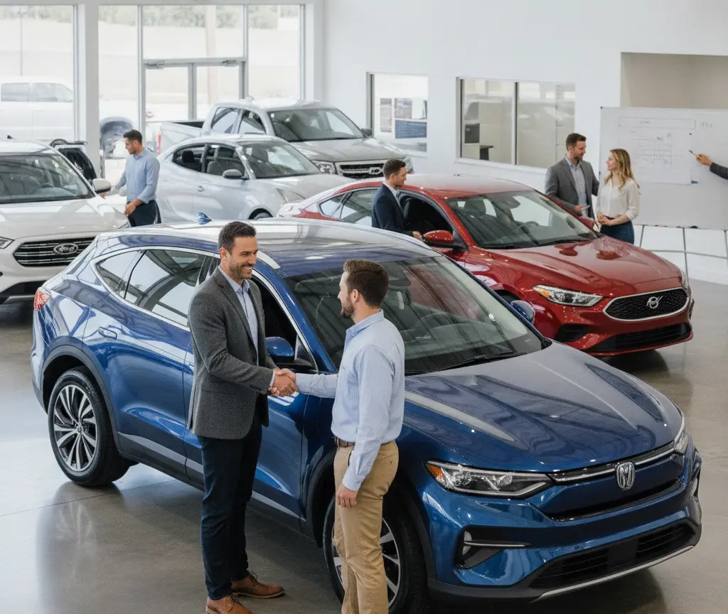 Dos hombres se dan la mano frente a un coche azul en una sala de exposición de un concesionario con otros vehículos y personas de fondo.