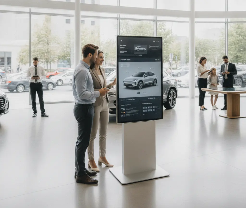 Una coppia guarda un grande schermo verticale che mostra un'auto all'interno di un moderno salone automobilistico luminoso.
