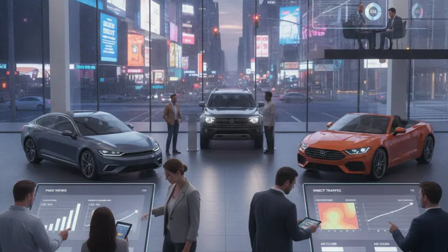 Persone in abito formale osservano schermi interattivi all'interno di un moderno salone dell'auto con tre vetture esposte e una grande vetrata che si affaccia su una città illuminata di sera.