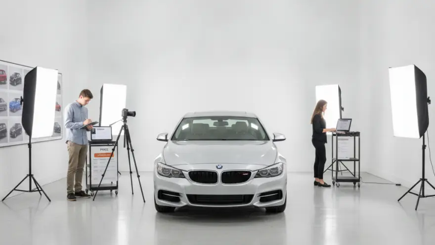 Un'auto grigia posizionata al centro di uno studio fotografico bianco con due persone che lavorano ai lati utilizzando computer e attrezzature fotografiche.