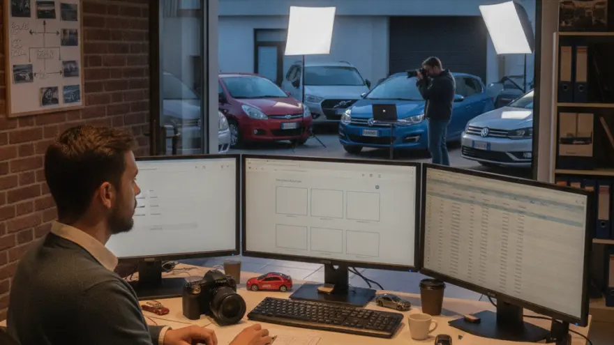 Un uomo seduto a una scrivania con tre monitor osserva un fotografo che scatta foto ad alcune auto parcheggiate all'esterno.
