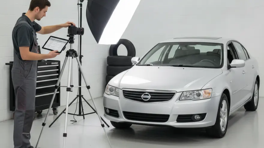 Un fotografo in tuta da lavoro grigia scatta foto a un'auto grigia in uno studio fotografico con luci professionali.