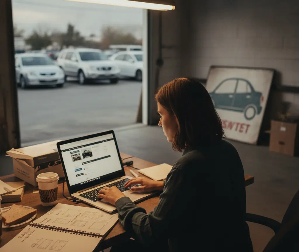 Una donna seduta a una scrivania lavora al computer portatile all'interno di un ufficio con vista su un parcheggio esterno.