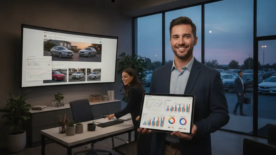 Un hombre sonriente con traje sostiene una tableta que muestra gráficos de datos en una oficina de concesionario de automóviles.