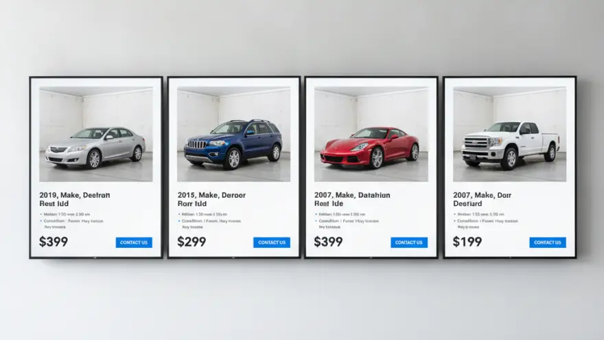 Cuatro carteles enmarcados alineados en una pared gris que muestran diferentes vehículos con sus especificaciones y precios de venta.
