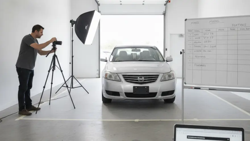 Un fotógrafo toma fotos de un coche plateado en un estudio con iluminación profesional, una pizarra y una computadora portátil en primer plano.