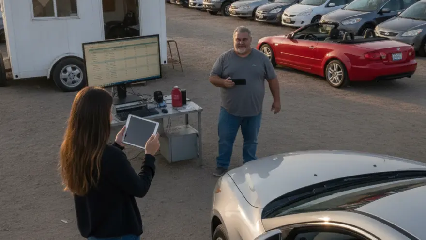 Una mujer con una tableta y un hombre con un teléfono móvil de pie en un lote de venta de autos usados junto a un escritorio con computadora.
