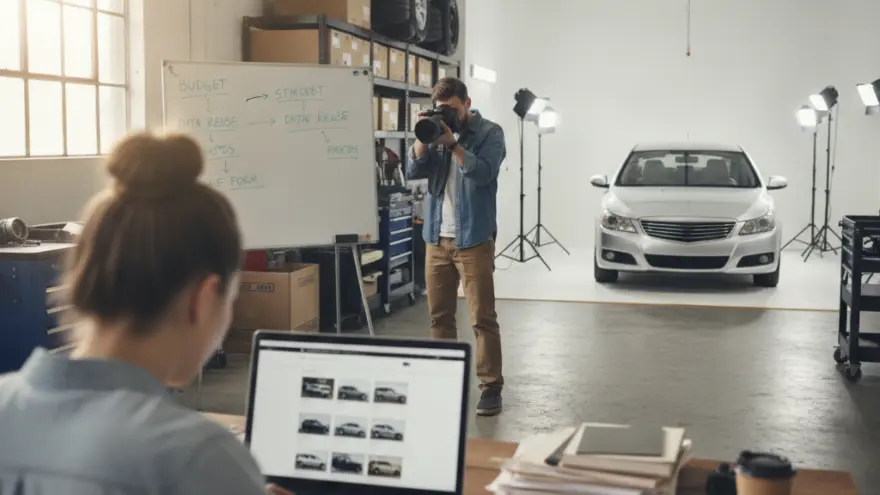 Une femme travaille sur un ordinateur portable au premier plan pendant qu'un photographe prend en photo une voiture grise dans un studio.