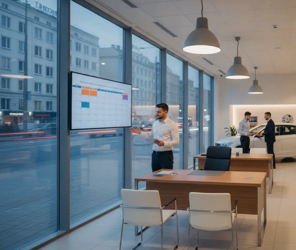A man in a white shirt gestures toward a wall-mounted screen showing a calendar inside a modern car dealership showroom with desks and large windows.