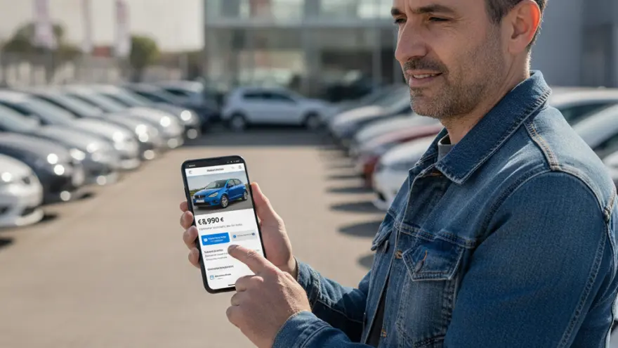 Un hombre con chaqueta de mezclilla sostiene un teléfono móvil que muestra un coche en venta frente a un concesionario de automóviles.
