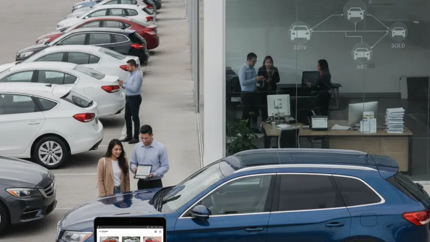 Un asesor muestra una tableta a una cliente junto a un coche azul en el exterior de un concesionario de coches.