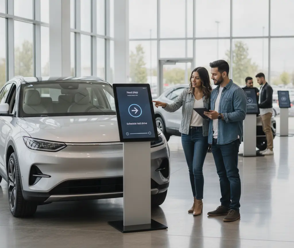 Una pareja interactúa con una pantalla táctil informativa junto a un coche eléctrico plateado en un concesionario.