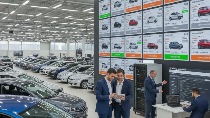 Uomini in giacca e cravatta lavorano all'interno di un grande salone espositivo pieno di auto parcheggiate, con un grande schermo a parete che mostra schede di veicoli.