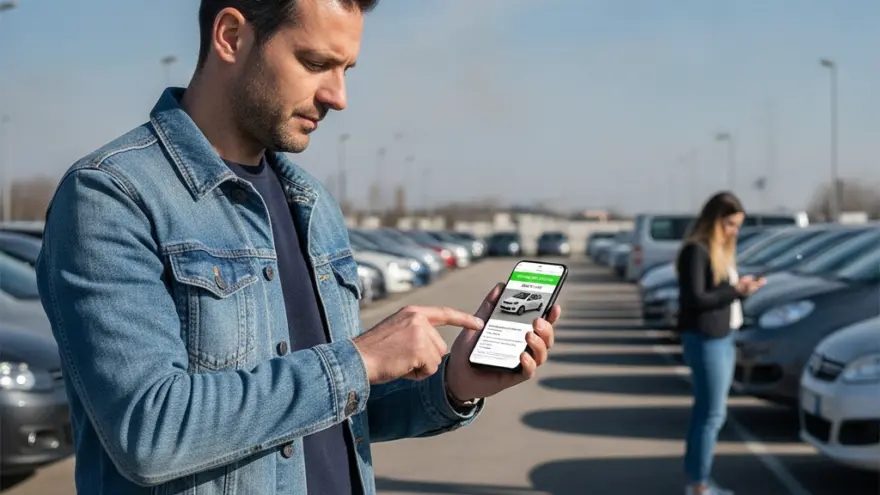 Un uomo in giacca di jeans guarda lo schermo del suo smartphone in un parcheggio pieno di auto.