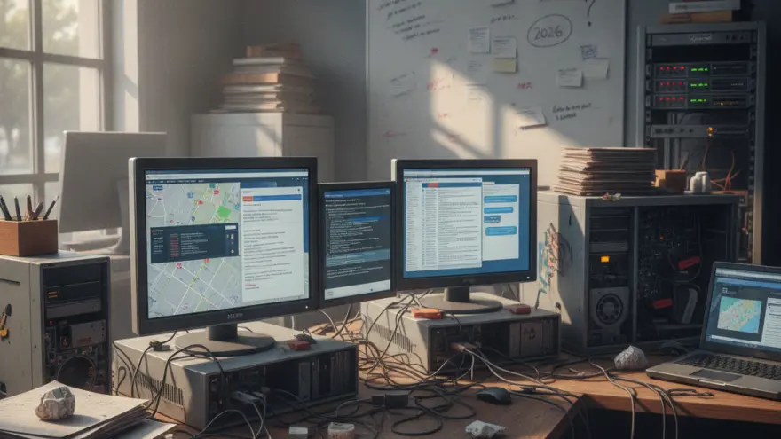 En unordentleche Schriibtisch mit mehrere Computerbildschirm, Kabel, Notizblöck und Äschebächer ineme Büro.