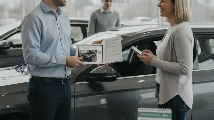 Een verkoper in een blauw overhemd toont een tablet en een brochure aan een glimlachende vrouw in een showroom naast een grijze auto.
