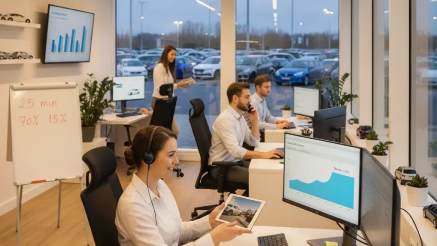 Kantoormedewerkers aan het werk achter hun bureaus met computers in een kantoor met uitzicht op een parkeerplaats vol auto's.