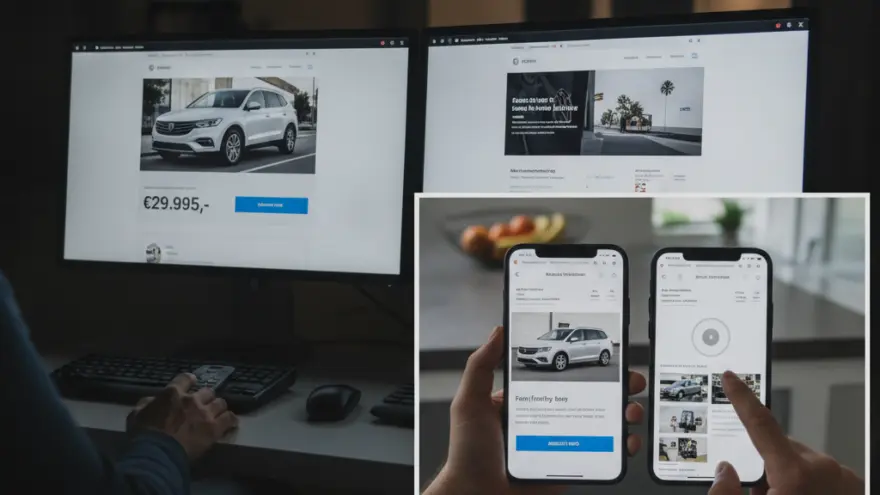 Een persoon achter een bureau bekijkt websites met auto's op twee computermonitoren, met een inzet van handen die twee smartphones vasthouden waarop ook auto-advertenties te zien zijn.