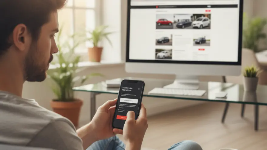 Een man zit op de bank en kijkt op zijn smartphone, met op de achtergrond een computerscherm waarop auto's te zien zijn.