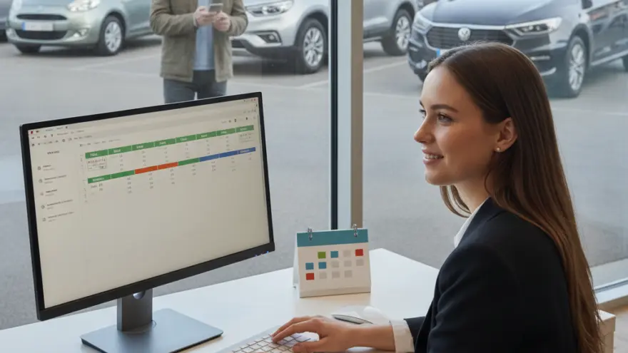 Een glimlachende vrouw in een donker jasje typt op een toetsenbord achter een bureau met een computerscherm, met op de achtergrond geparkeerde auto's en een man buiten.