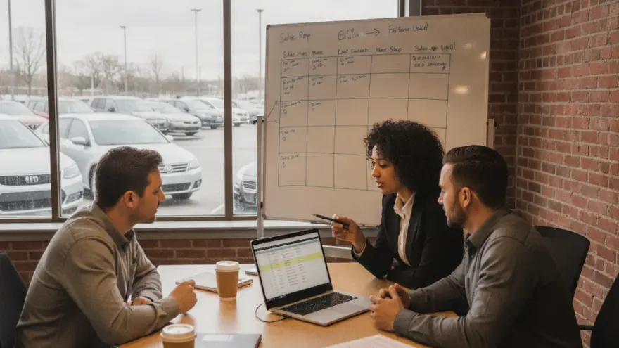Drie personen in gesprek aan een houten tafel met een laptop en koffiebekers, met op de achtergrond een whiteboard en een raam dat uitkijkt op geparkeerde auto's.