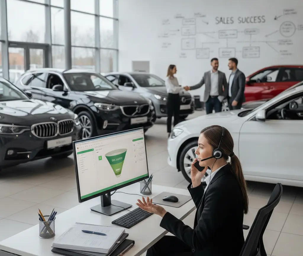 Een medewerkster met een headset zit aan een bureau in een autoshowroom en praat aan de telefoon, terwijl op de achtergrond mensen elkaar de hand schudden bij auto's.
