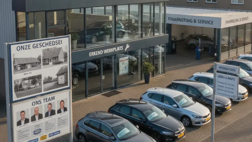 Luchtfoto van een modern garagebedrijf met een glazen showroom, een rij geparkeerde auto's voor de deur en informatieborden op de voorgrond.