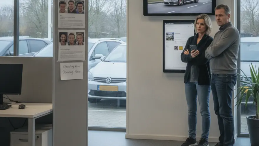 Een man en een vrouw staan in een kantoorruimte en kijken naar een scherm aan de muur, met op de achtergrond geparkeerde auto's door het raam.