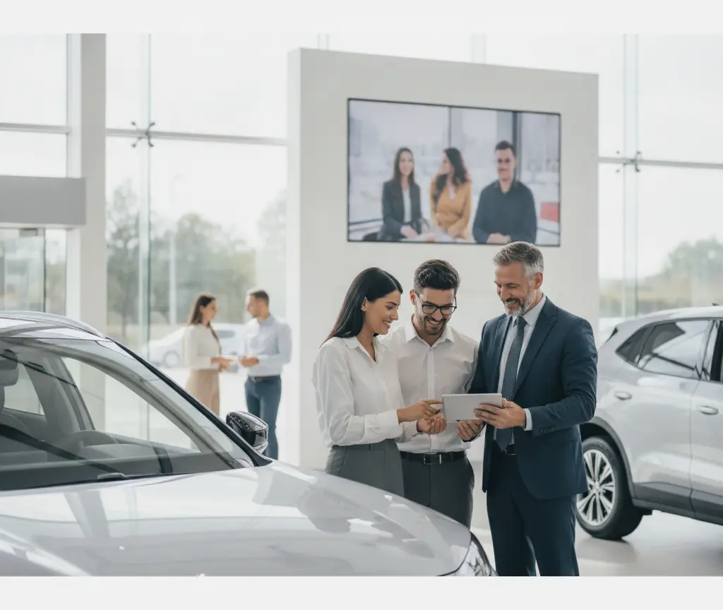 Een autoverkoper in pak toont een lachend koppel informatie op een tablet in een lichte showroom met auto's.