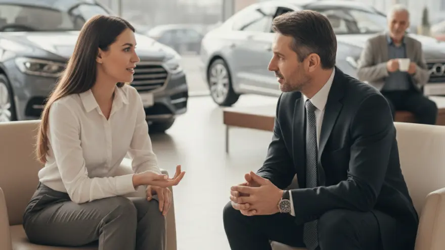 Een vrouw in een witte blouse en een man in een donker pak zitten tegenover elkaar in een showroom met auto's op de achtergrond.