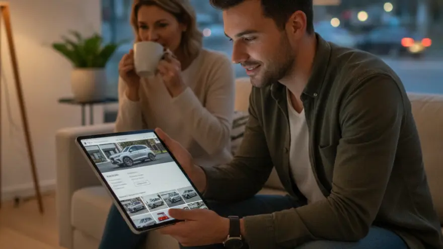 Een man en een vrouw zitten op een bank in een woonkamer, waarbij de man een tablet vasthoudt waarop auto's worden getoond.