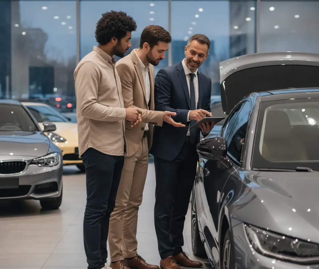 Een autoverkoper in pak toont informatie op een tablet aan twee mannen in een showroom naast een grijze auto met geopende kofferbak.