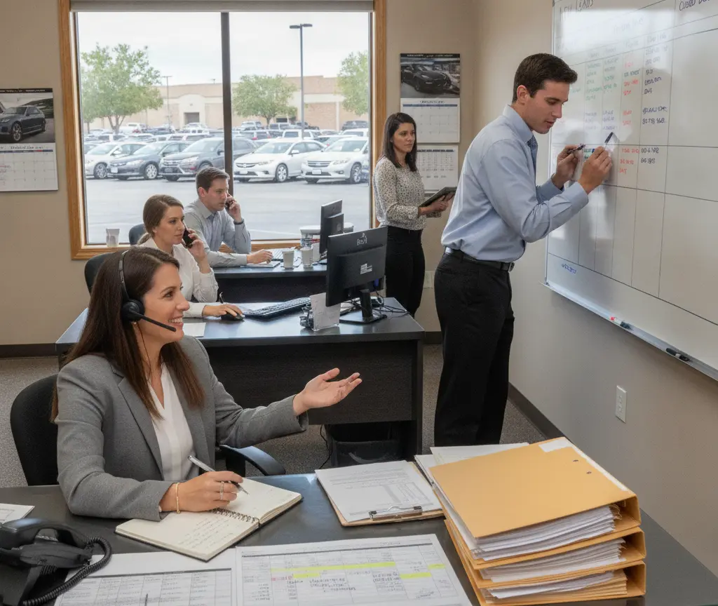 Office employees working at desks and writing on a whiteboard with a car lot visible through the window.