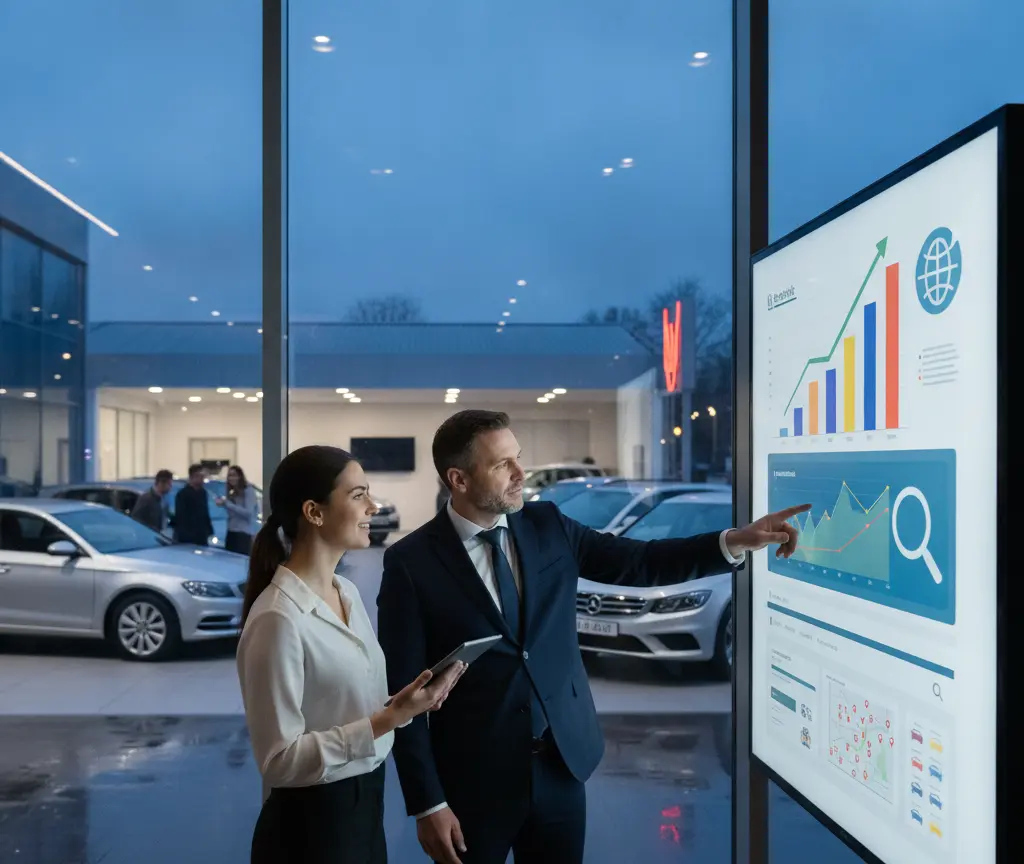 A man in a suit points to a large digital screen displaying charts while a woman holding a tablet looks on inside a car dealership showroom at dusk.