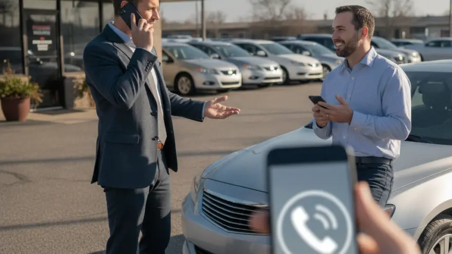 Dos hombres hablan por teléfono celular en el estacionamiento de un concesionario de autos frente a un vehículo plateado.