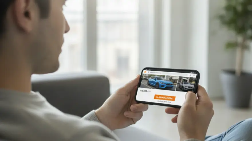 Un hombre de espaldas sostiene un teléfono móvil en posición horizontal mostrando un sitio web de venta de coches.