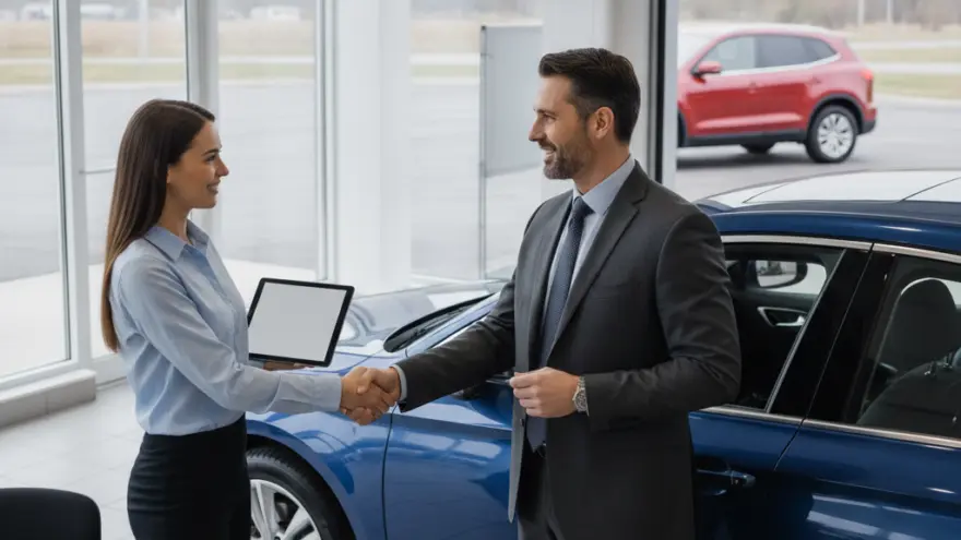 Un hombre con traje gris y una mujer con camisa azul se dan la mano junto a un coche azul en un concesionario.