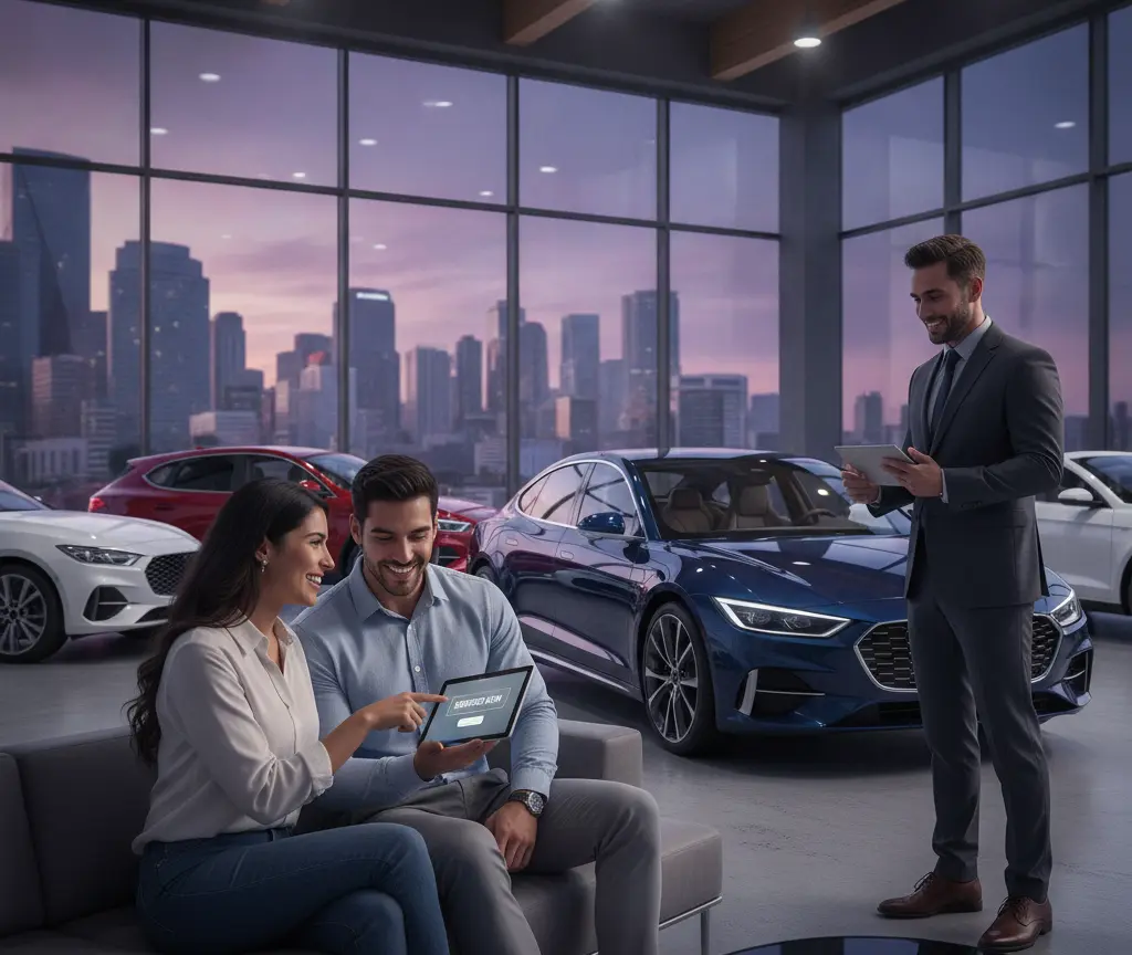 Una pareja sentada en un sofá mira una tableta digital mientras un vendedor de traje permanece de pie junto a ellos en un concesionario de coches con vistas a la ciudad al atardecer.
