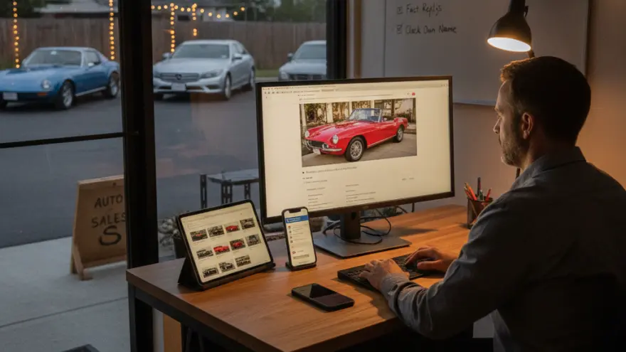 Un homme assis à son bureau travaille sur un ordinateur affichant la photo d'un cabriolet rouge, avec une tablette et un smartphone posés à côté de lui.