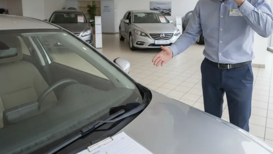 Un homme en chemise bleue téléphone à côté d'une voiture grise dans une concession automobile.
