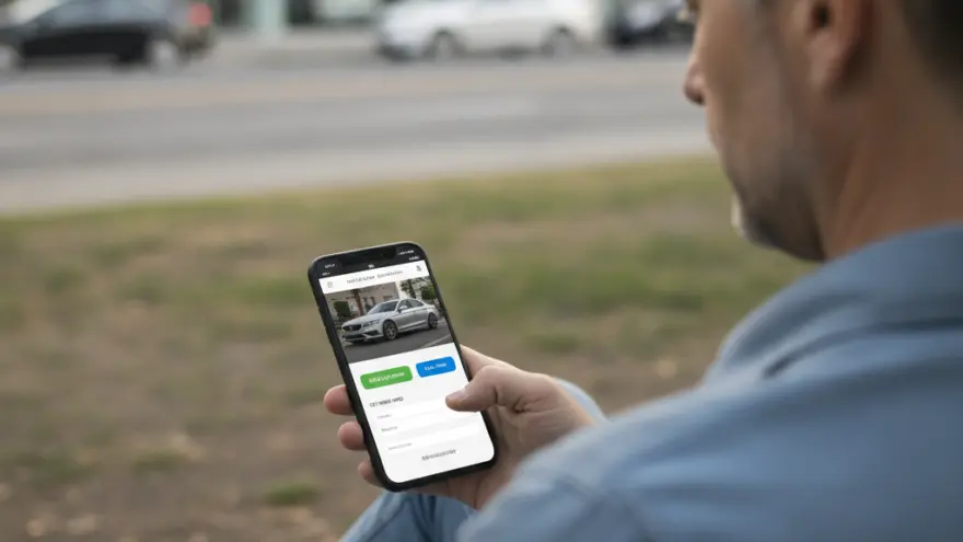 Un homme de dos regarde l'écran de son smartphone affichant une annonce de voiture d'occasion, avec une concession automobile floue en arrière-plan.