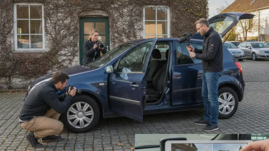 Trois photographes prennent en photo une voiture bleue garée devant une maison en brique recouverte de lierre.