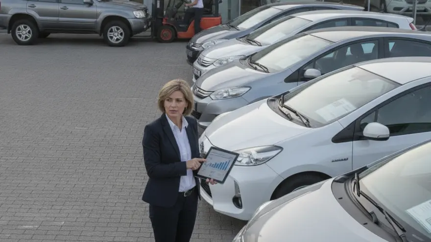 Una mujer con traje sostiene una tableta digital frente a una fila de coches estacionados en el exterior de un concesionario.