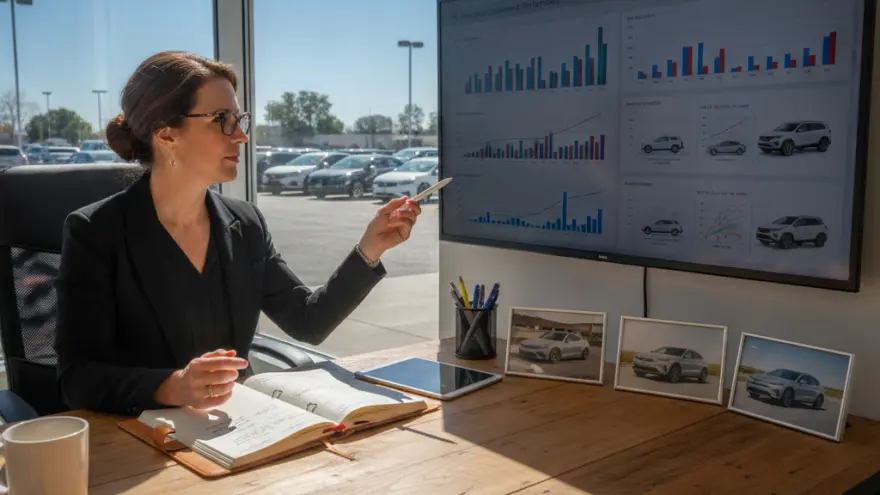 Una mujer con traje y gafas sentada en un escritorio señala con un bolígrafo hacia una pantalla con gráficos de ventas de automóviles.